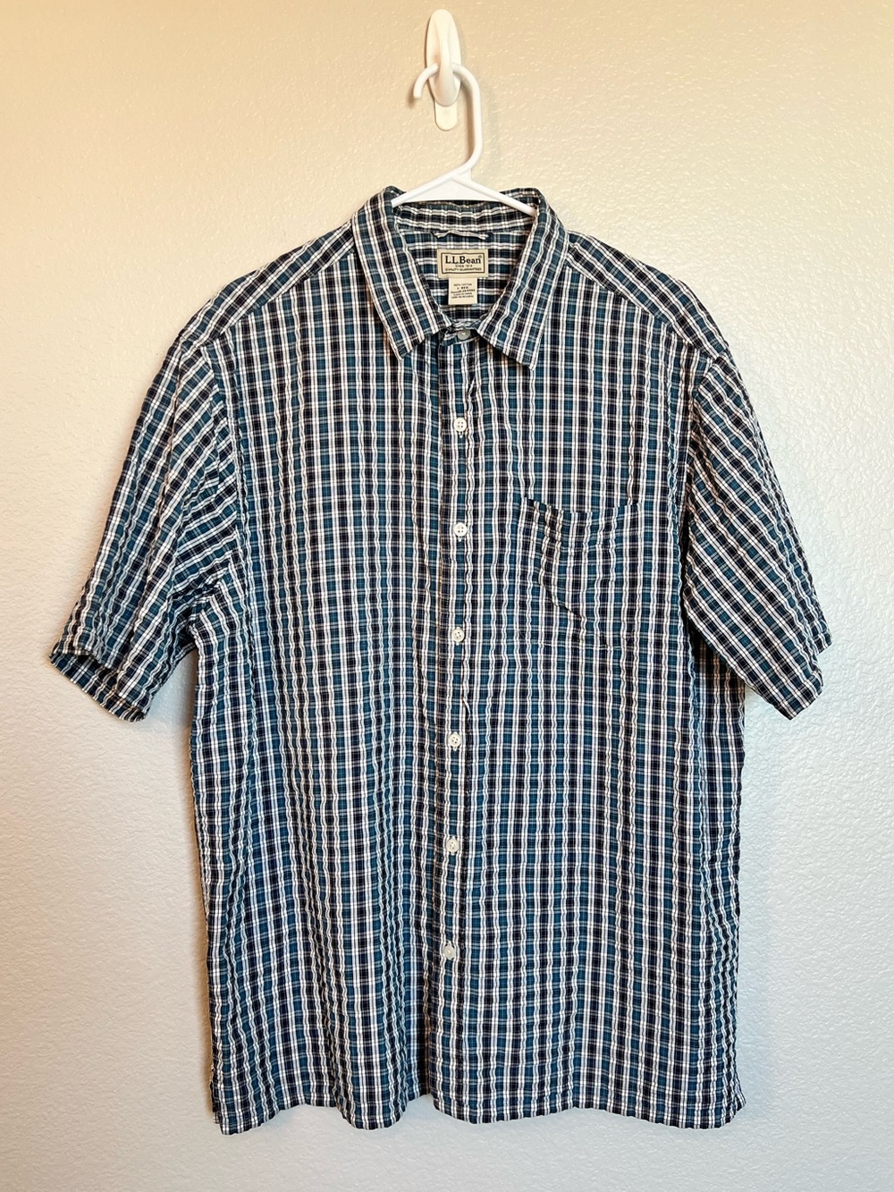 LL Bean Seersucker Plaid Short Sleeve Button Up Shirt Mens L Blue Cotton NWOT